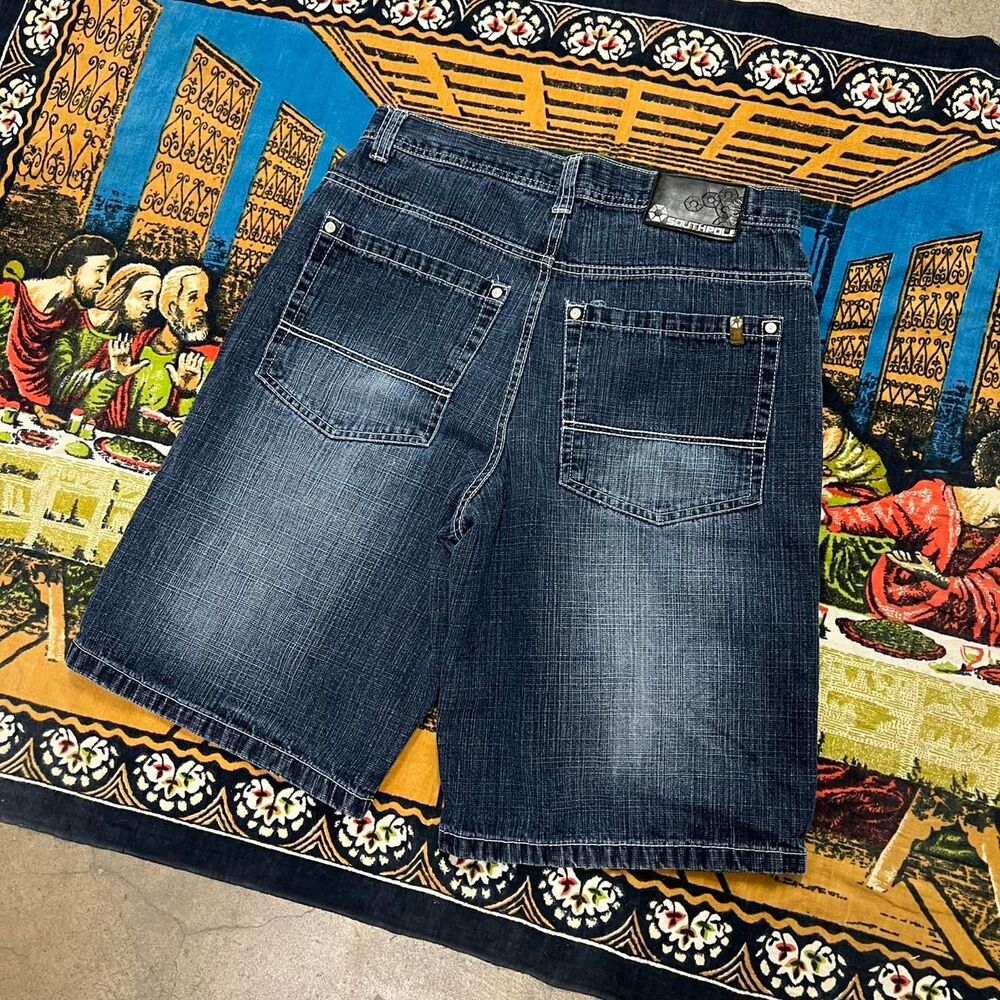 Southpole Men's Blue and Red Denim Shorts size 34 baggy y2k embroidered jorts - Picture 3 of 6